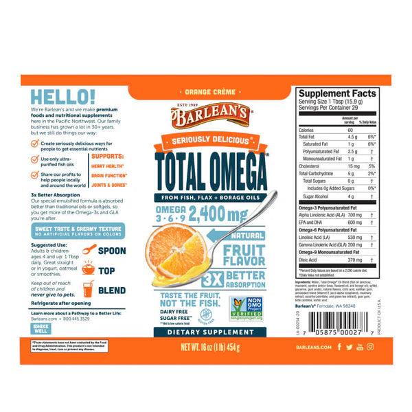 SERIOUSLY DELICIOUS TOTAL OMEGA ORANGE CREAM 2400 MG 16 OZ